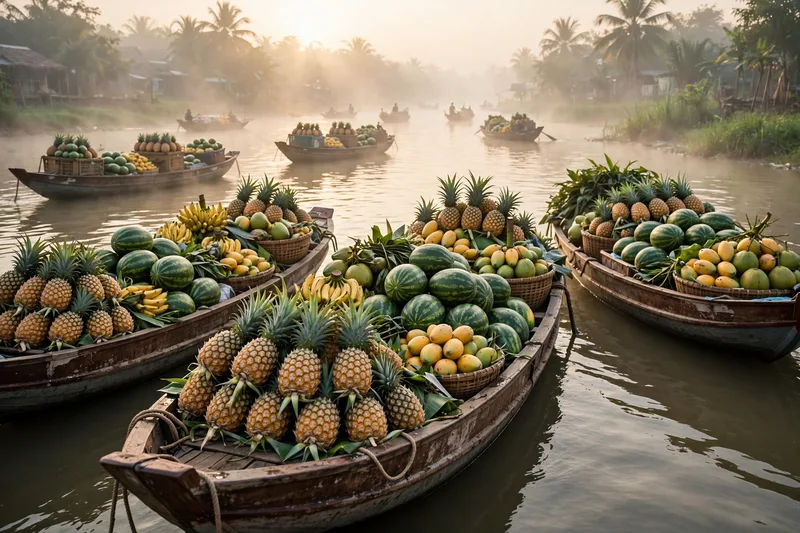River boats loaded with tropical fruit at a Mekong Delta floating market at dawn with soft golden light