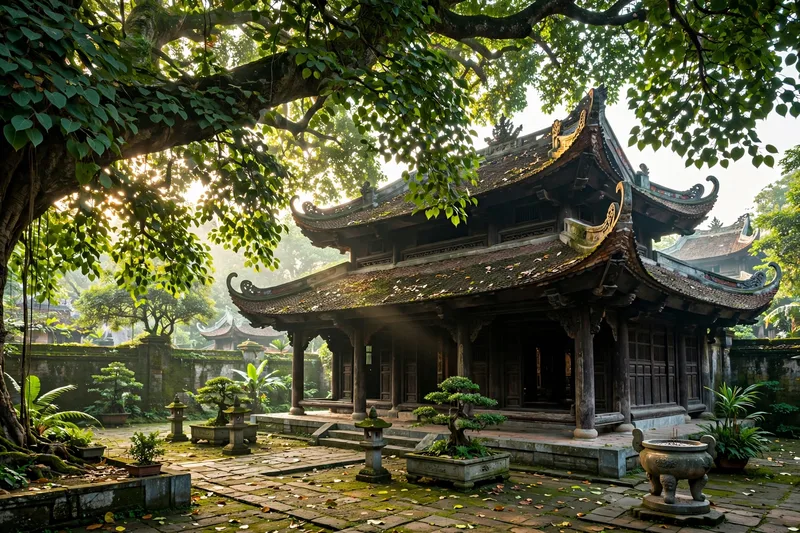 The ancient wooden main hall of Giac Lam Pagoda with its curved tile roofs shaded by a giant bodhi tree
