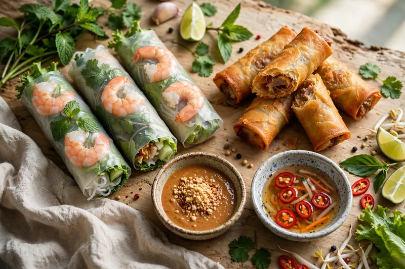 Plate of fresh goi cuon spring rolls with shrimp visible through rice paper beside golden fried cha gio with peanut sauce bowls
