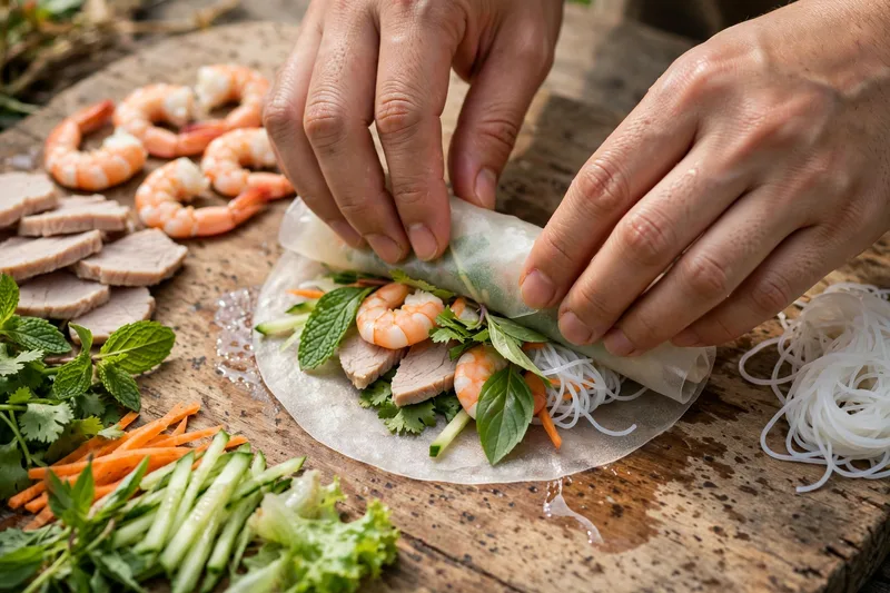Plate of fresh goi cuon spring rolls with shrimp visible through rice paper beside golden fried cha gio with peanut sauce bowls (2)