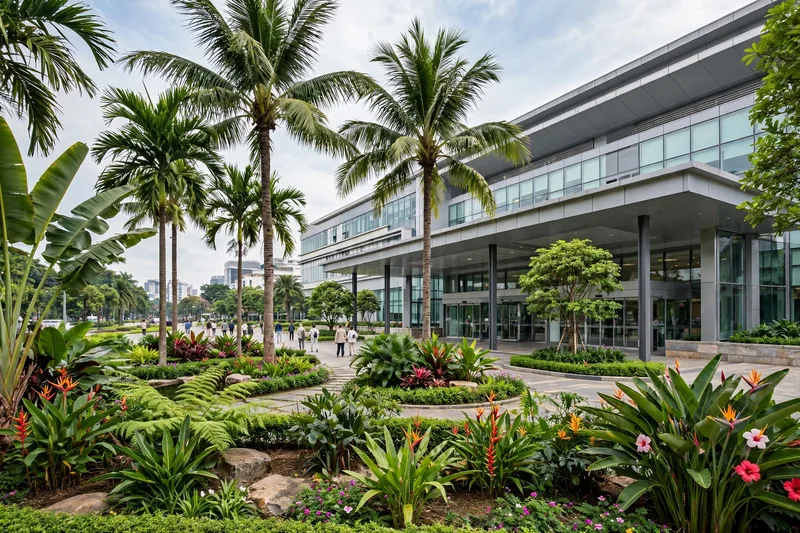 Modern international hospital entrance in Ho Chi Minh City with landscaped gardens and arriving visitors