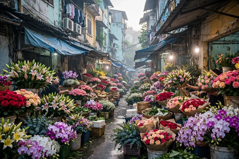Colorful flower stalls at Ho Thi Ky market glowing under lights at night with vendors arranging bouquets