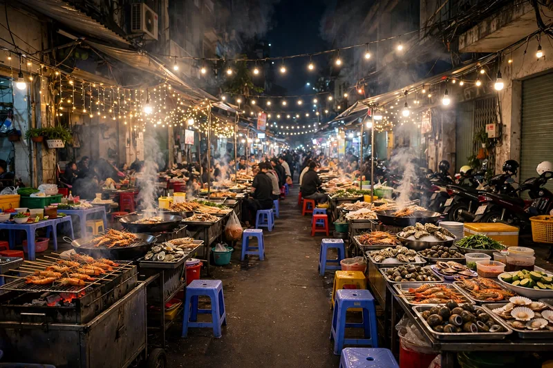 Colorful flower stalls at Ho Thi Ky market glowing under lights at night with vendors arranging bouquets (2)