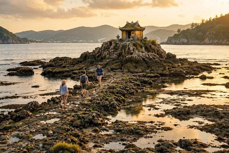 Hon Ba islet off Vung Tau at low tide with the rocky causeway exposed and visitors walking to the small temple on top