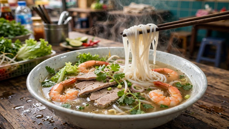 A bowl of hu tieu Nam Vang with clear broth, chewy thin noodles, sliced pork, shrimp, and fresh greens in Saigon’s Chinatown