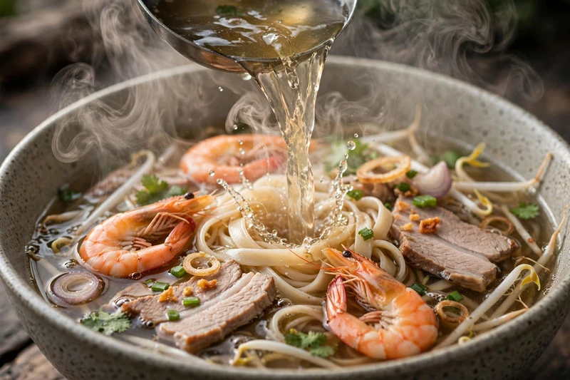 A bowl of hu tieu Nam Vang with clear broth, chewy thin noodles, sliced pork, shrimp, and fresh greens in Saigon’s Chinatown (2)