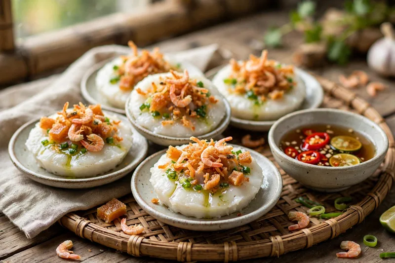 Small steamed Hue rice cakes in ceramic dishes topped with shrimp, pork and crispy shallots beside sweet dipping sauce