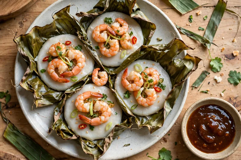 Small steamed Hue rice cakes in ceramic dishes topped with shrimp, pork and crispy shallots beside sweet dipping sauce (2)