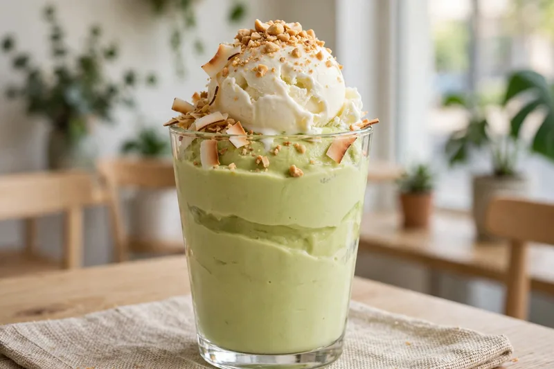 Avocado ice cream dessert in a tall glass topped with coconut ice cream, crushed peanuts and coconut shavings
