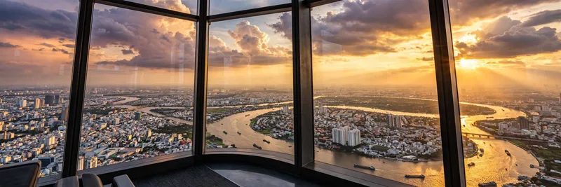 Panoramic view from Landmark 81 Skyview deck showing the Saigon River winding through the dense city below