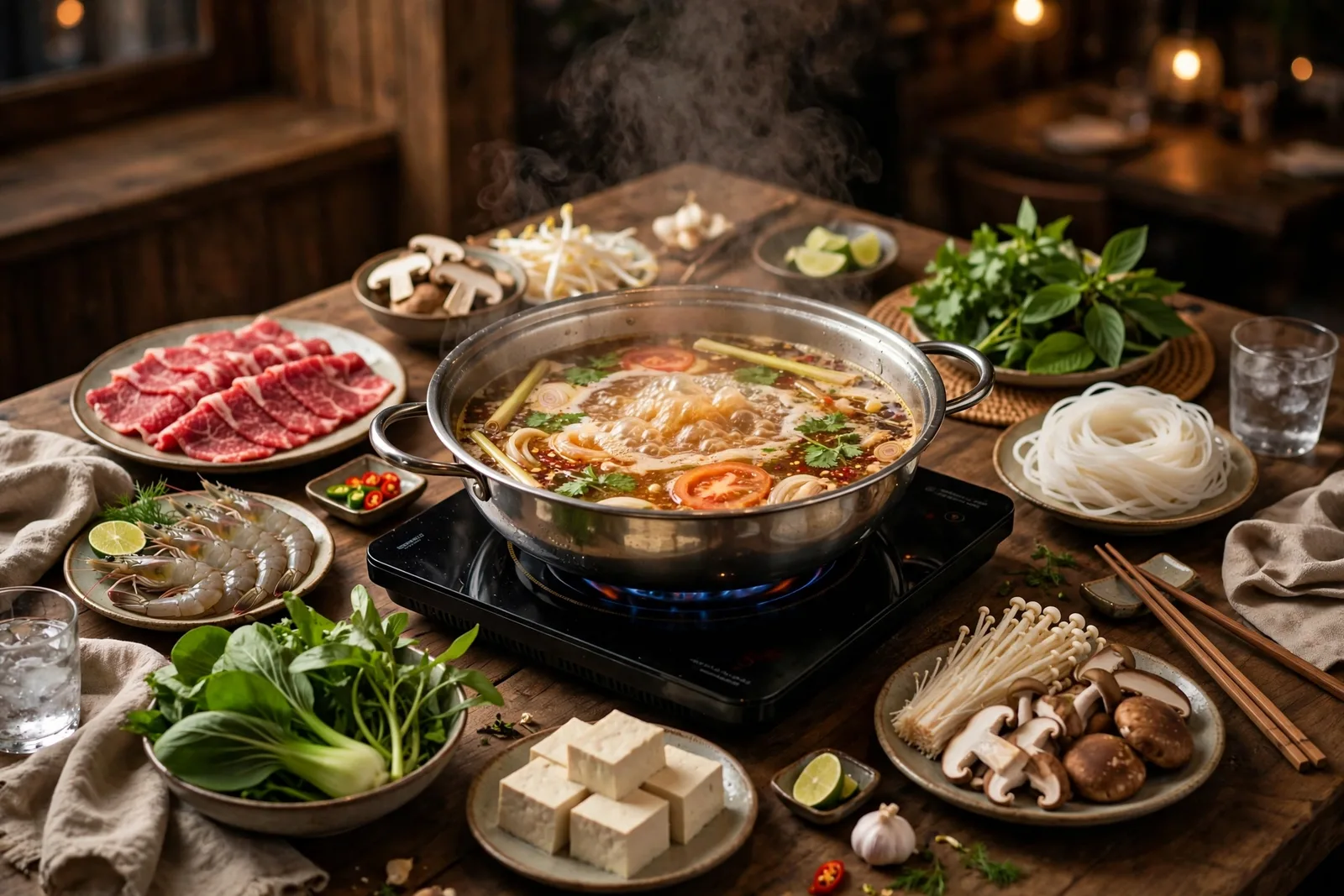 Steaming Vietnamese hotpot at a restaurant table surrounded by plates of raw beef leafy greens mushrooms and noodles