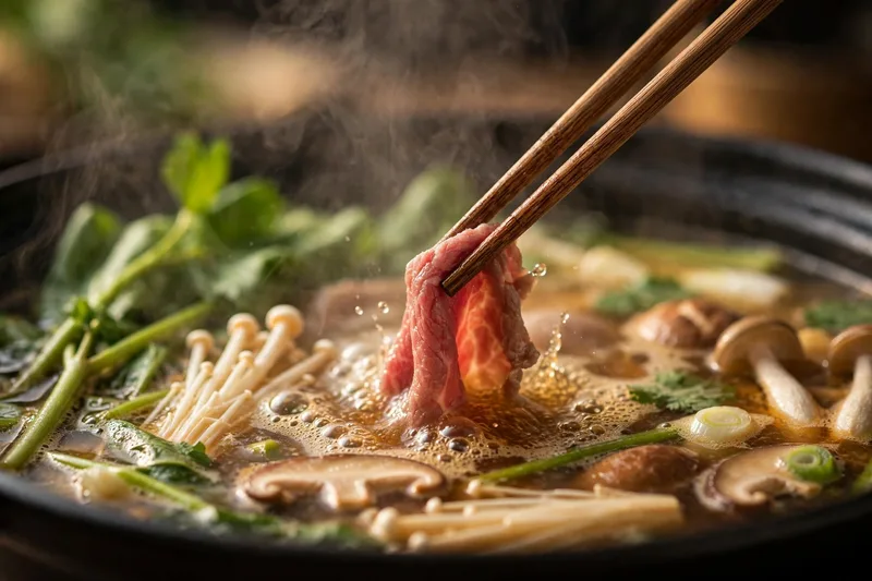 Steaming Vietnamese hotpot at a restaurant table surrounded by plates of raw beef leafy greens mushrooms and noodles (2)