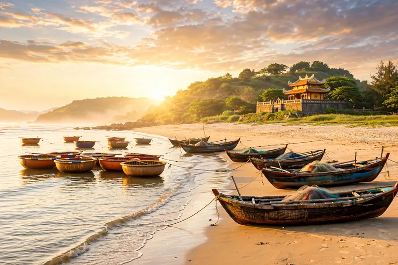 Long Hai beach at sunrise with colorful fishing boats near the shore and the Dinh Co temple hill rising behind the sand