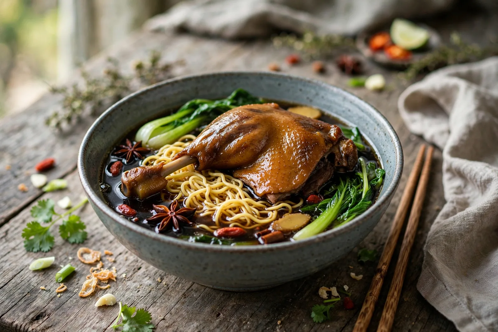 Bowl of mi vit tiem duck noodle soup with a braised duck leg quarter egg noodles and greens in dark herbal broth