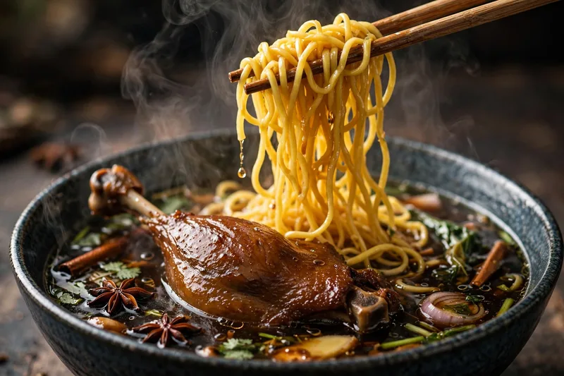 Bowl of mi vit tiem duck noodle soup with a braised duck leg quarter egg noodles and greens in dark herbal broth (2)