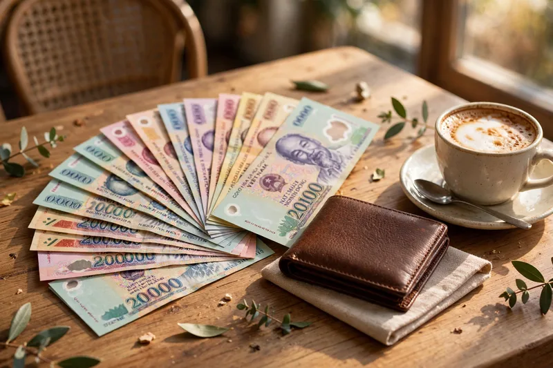 Vietnamese dong banknotes and a leather wallet on a cafe table with a coffee cup beside them
