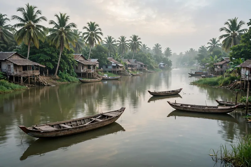 Mekong river boats near My Tho with coconut palms on Thoi Son island and a wooden sampan in the foreground
