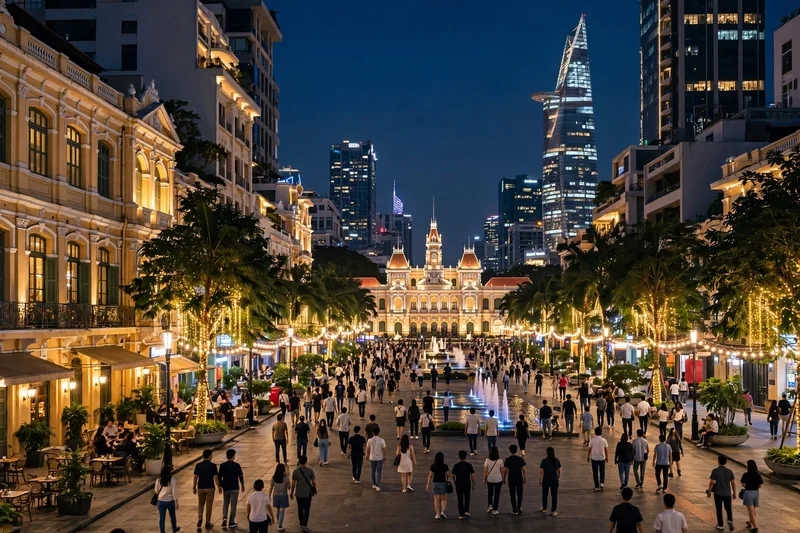 Nguyen Hue Walking Street at night with crowds strolling between illuminated colonial buildings and modern towers