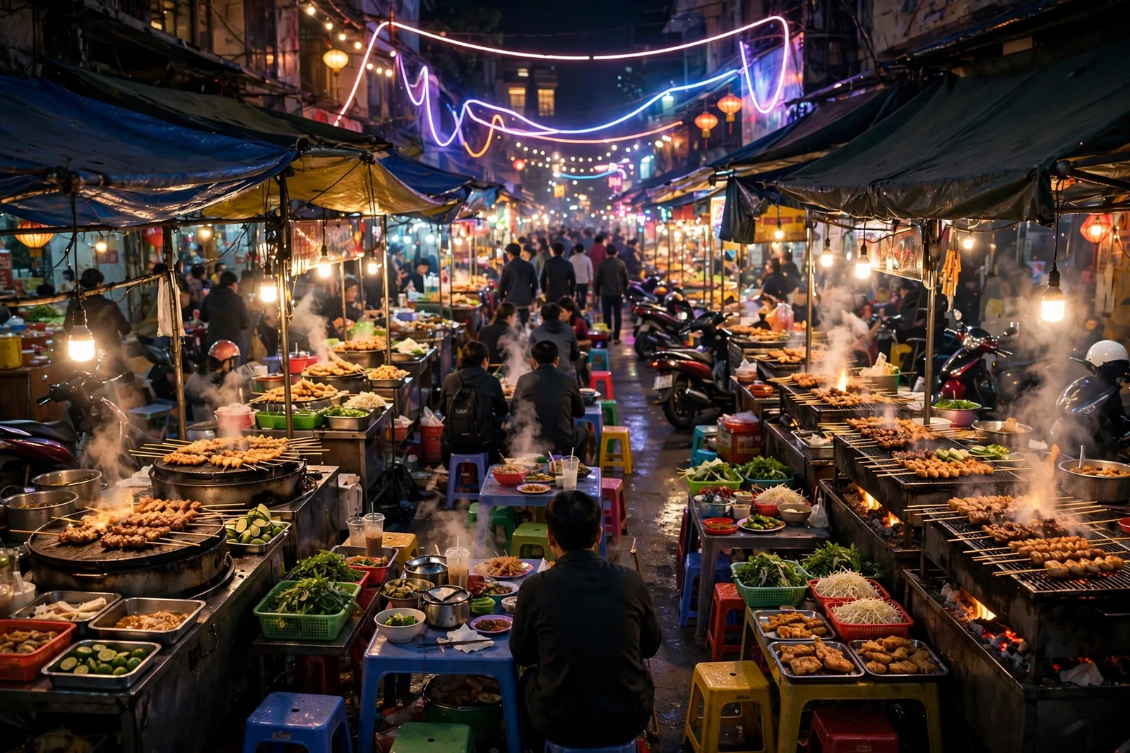 Bustling Vietnamese night market food street with steaming grills, glowing stalls and crowds eating at small plastic tables