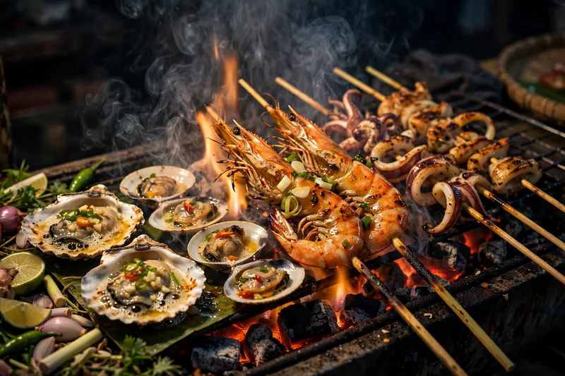Bustling Vietnamese night market food street with steaming grills, glowing stalls and crowds eating at small plastic tables (2)
