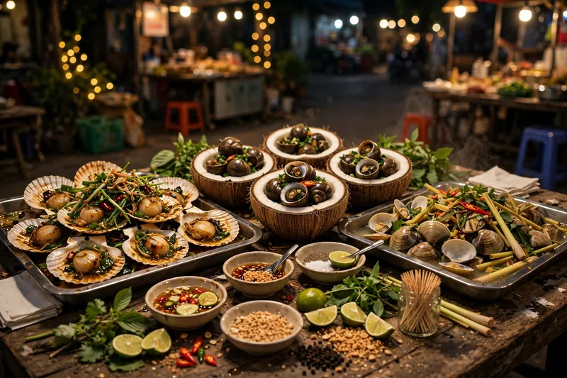 Night market table covered with grilled scallops snails in coconut shells and steamed clams on metal trays at a Saigon snail stall