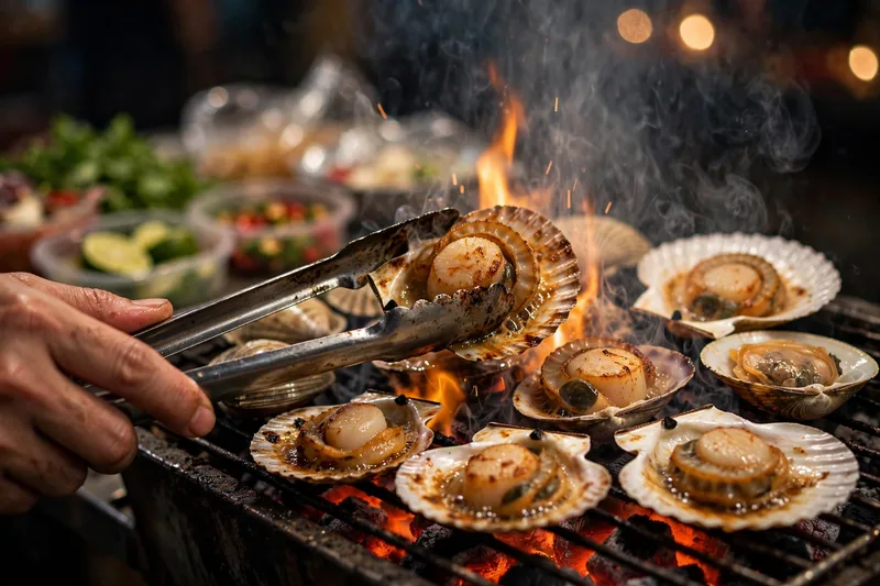 Night market table covered with grilled scallops snails in coconut shells and steamed clams on metal trays at a Saigon snail stall (2)