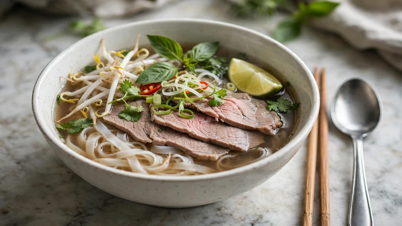 A steaming bowl of pho bo with rare beef slices, fresh herbs, bean sprouts, and lime on a Saigon street food table