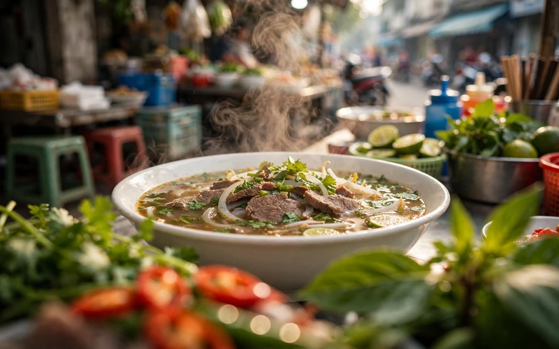 A steaming bowl of pho bo with rare beef slices, fresh herbs, bean sprouts, and lime on a Saigon street food table (2)
