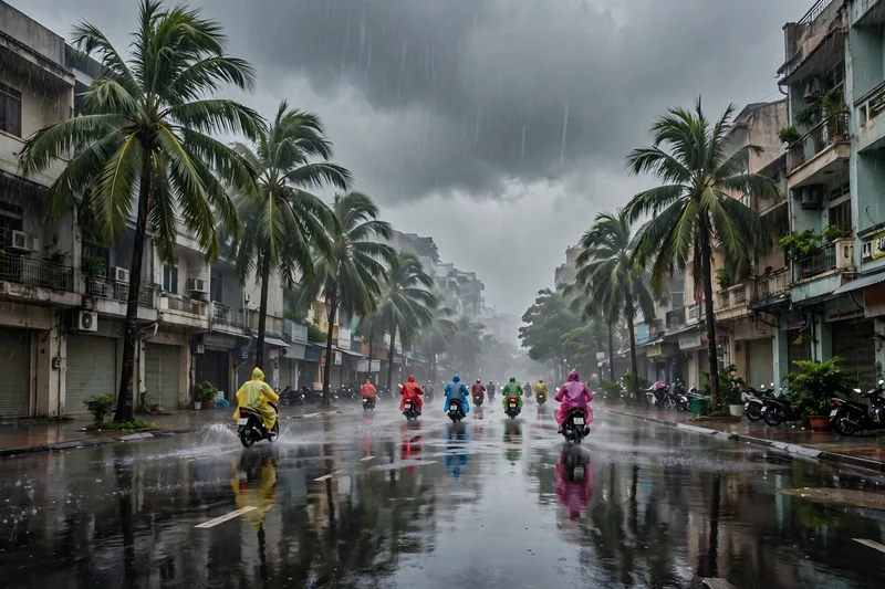 Motorbike riders in colorful rain ponchos crossing a rain soaked Saigon street under dramatic grey clouds