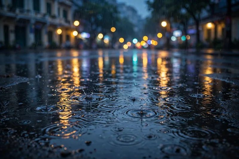 Motorbike riders in colorful rain ponchos crossing a rain soaked Saigon street under dramatic grey clouds (2)