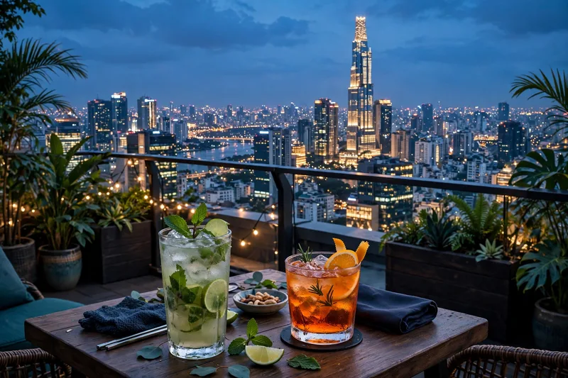 Saigon skyline at dusk seen from a rooftop bar terrace with cocktails on a table and the Bitexco tower glowing