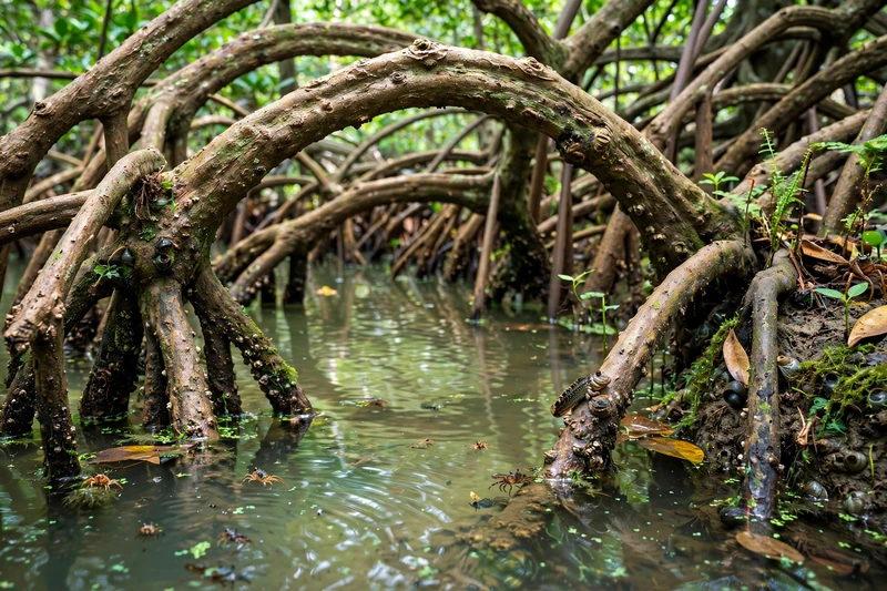 Rowing boat gliding through a narrow mangrove creek in Can Gio with dense green canopy arching over the water (2)