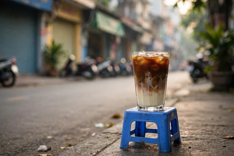 Glass of ca phe sua da with layered condensed milk on a tiny plastic stool on a Saigon sidewalk in morning light