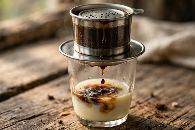 Glass of ca phe sua da with layered condensed milk on a tiny plastic stool on a Saigon sidewalk in morning light (2)