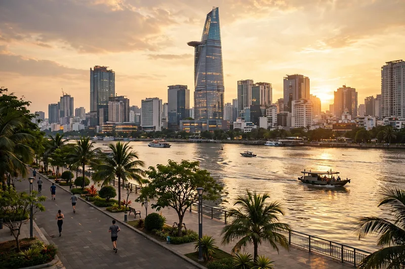 The Saigon riverside promenade at golden hour with joggers, the Bitexco Tower behind, and boats on the water