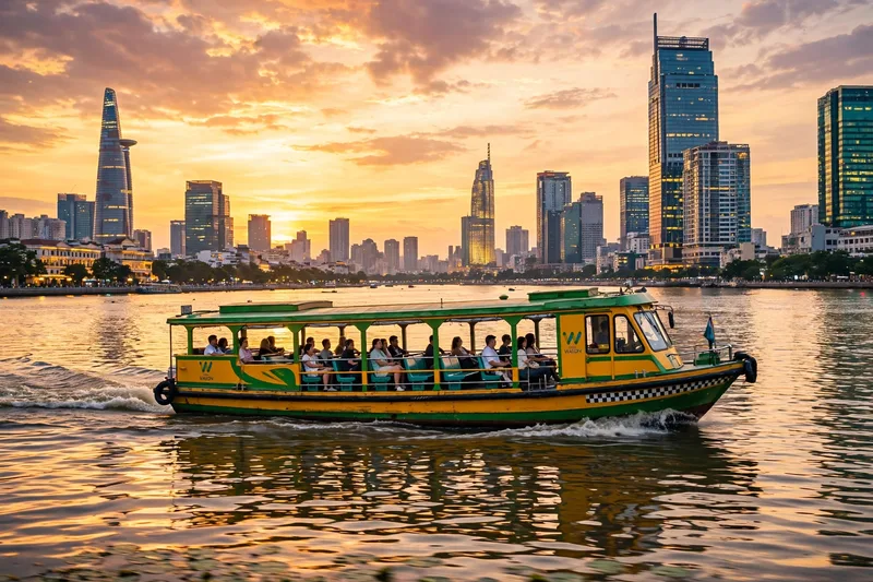 The Saigon riverside promenade at golden hour with joggers, the Bitexco Tower behind, and boats on the water (2)