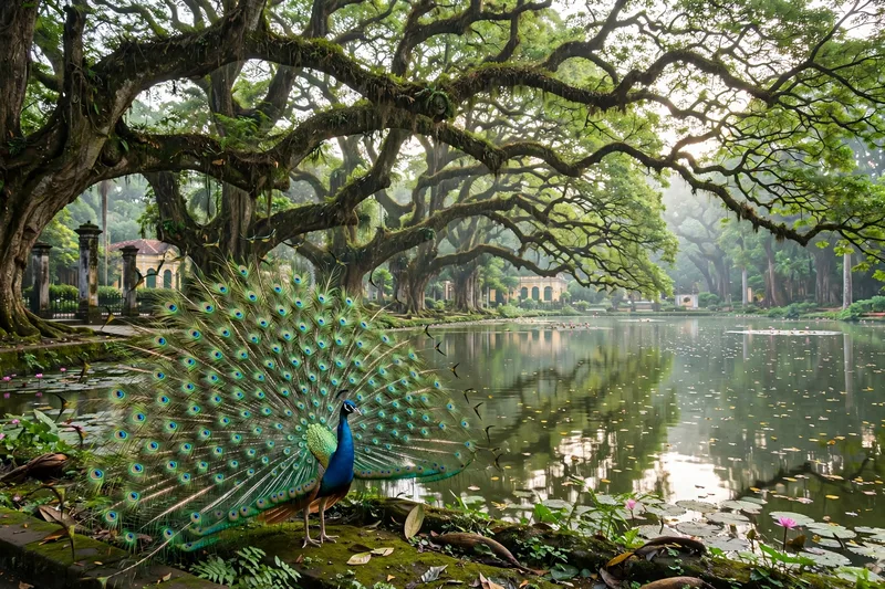 Ancient towering trees and a calm lake in the Saigon Zoo botanical gardens with a peacock in the foreground