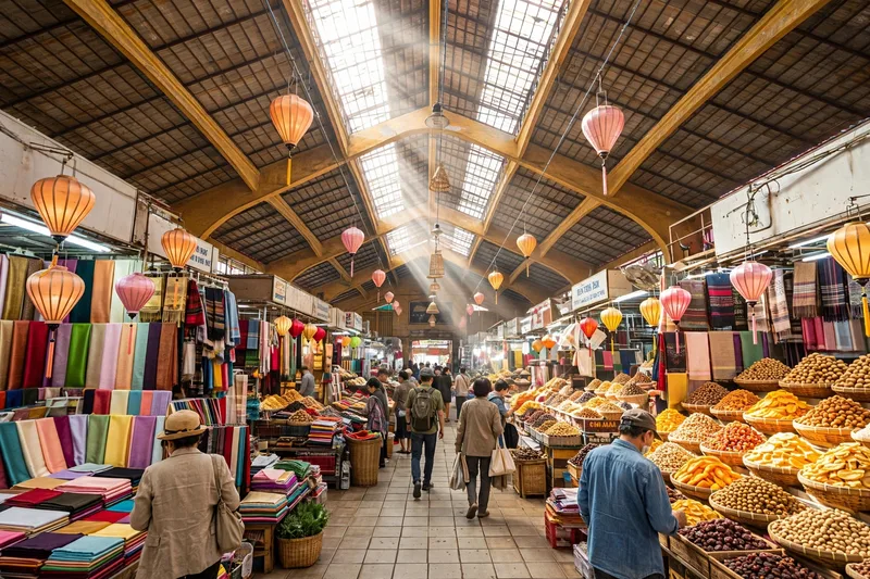 Colorful market stalls inside Ben Thanh Market in Saigon with textiles lanterns and shoppers under the arched roof