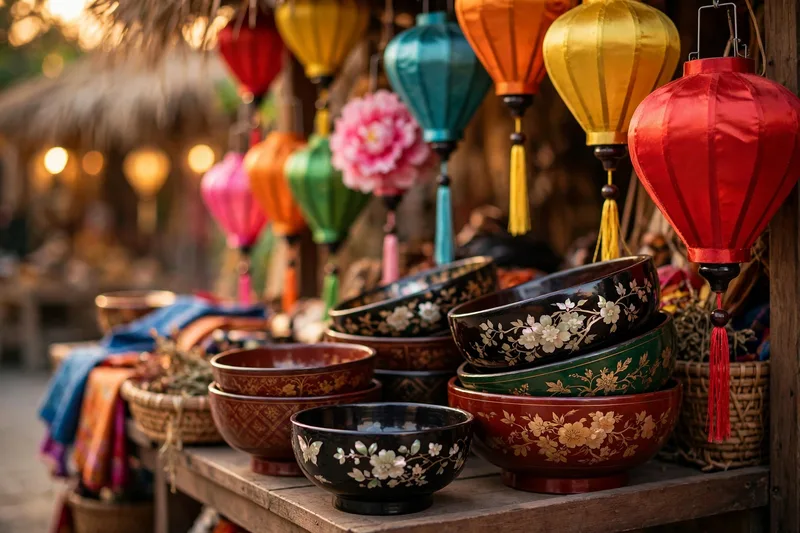 Colorful market stalls inside Ben Thanh Market in Saigon with textiles lanterns and shoppers under the arched roof (2)