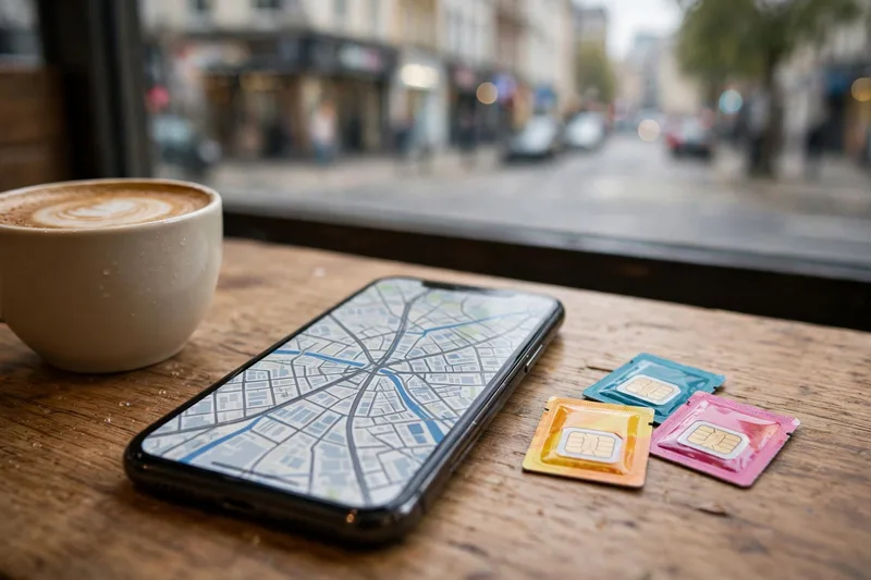 Smartphone showing a city map on a cafe table next to Vietnamese SIM card packets with Saigon street blurred behind