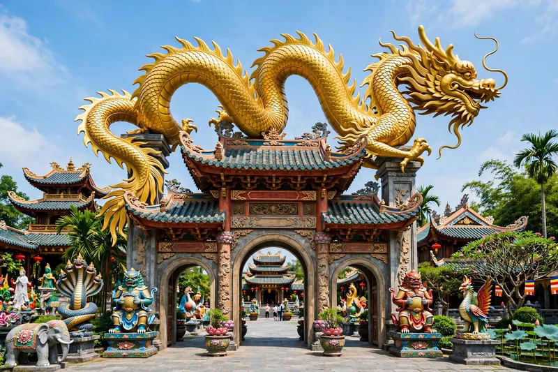 Giant golden dragon sculpture at Suoi Tien theme park with Buddhist temples and colorful mythic statues around it