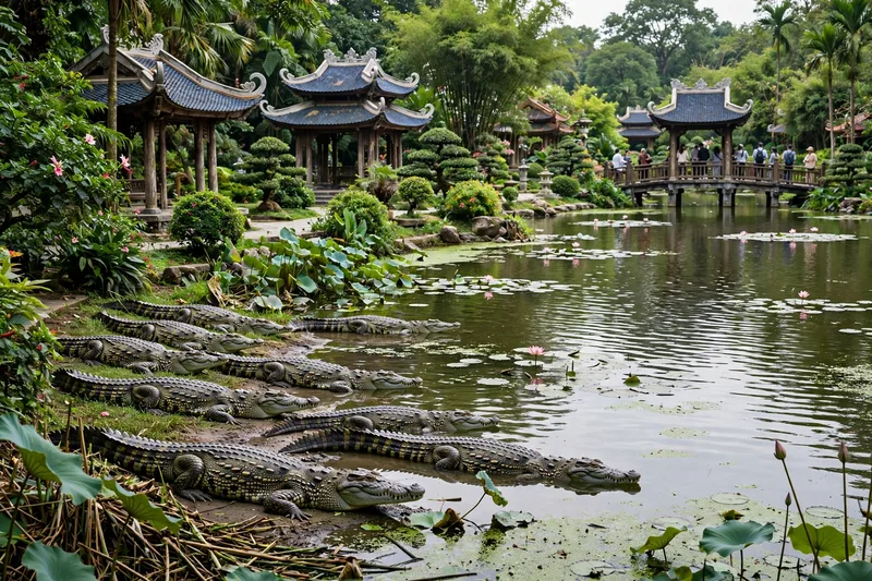 Giant golden dragon sculpture at Suoi Tien theme park with Buddhist temples and colorful mythic statues around it (2)
