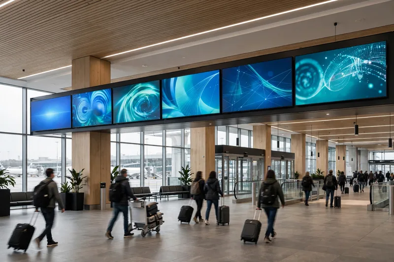 Modern airport arrival hall with travelers and luggage, bright signage and information screens