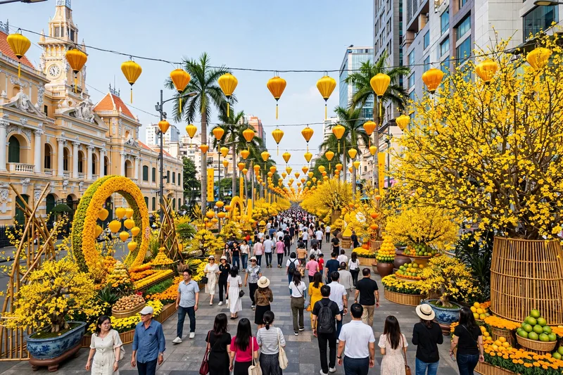 Nguyen Hue Flower Street in Ho Chi Minh City during Tet with elaborate yellow blossom displays and strolling crowds