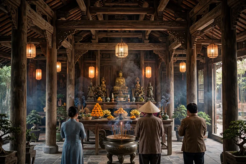 Serene Vietnamese pagoda interior with incense smoke rising over a wooden altar in warm lantern light