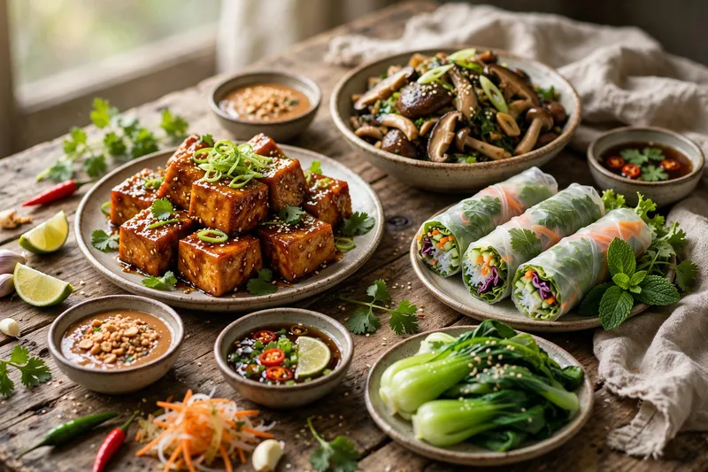 Colorful Vietnamese vegetarian feast with tofu, mushrooms, spring rolls and fresh greens on a rustic wooden table
