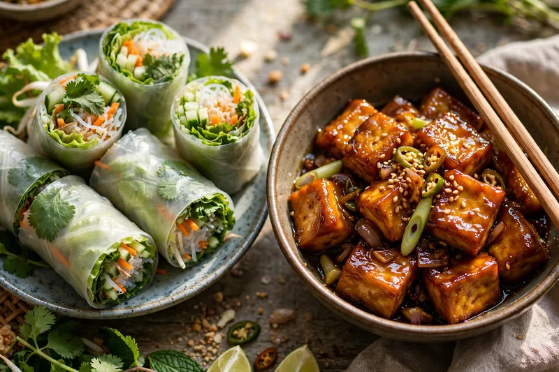 Colorful Vietnamese vegetarian feast with tofu, mushrooms, spring rolls and fresh greens on a rustic wooden table (2)