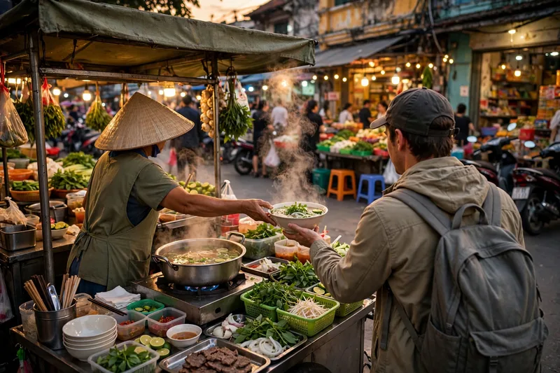 Traveler receiving a steaming bowl of pho from a smiling street vendor at a Saigon food stall in warm evening light