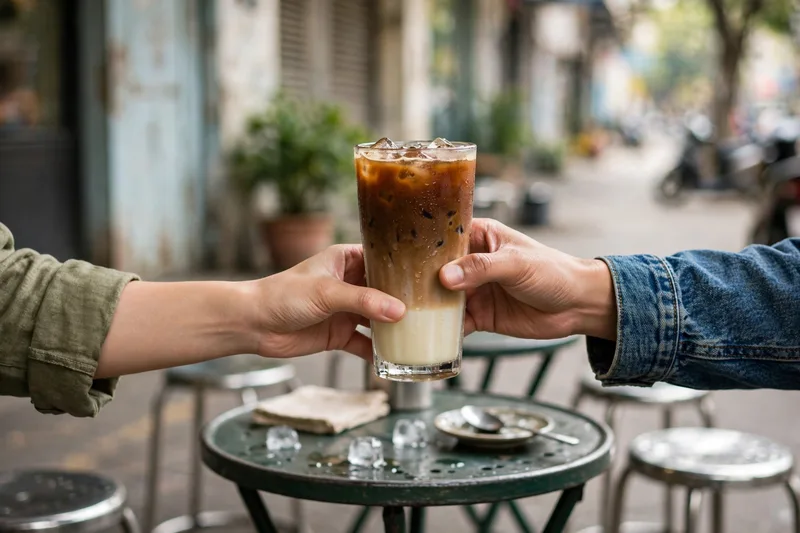 Traveler receiving a steaming bowl of pho from a smiling street vendor at a Saigon food stall in warm evening light (2)