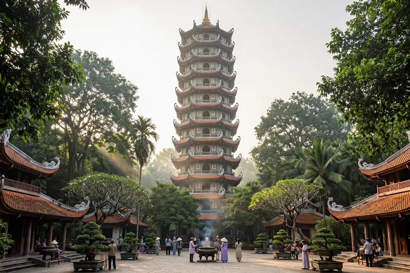 The tall seven story tower of Vinh Nghiem Pagoda rising above trees with worshippers in the courtyard